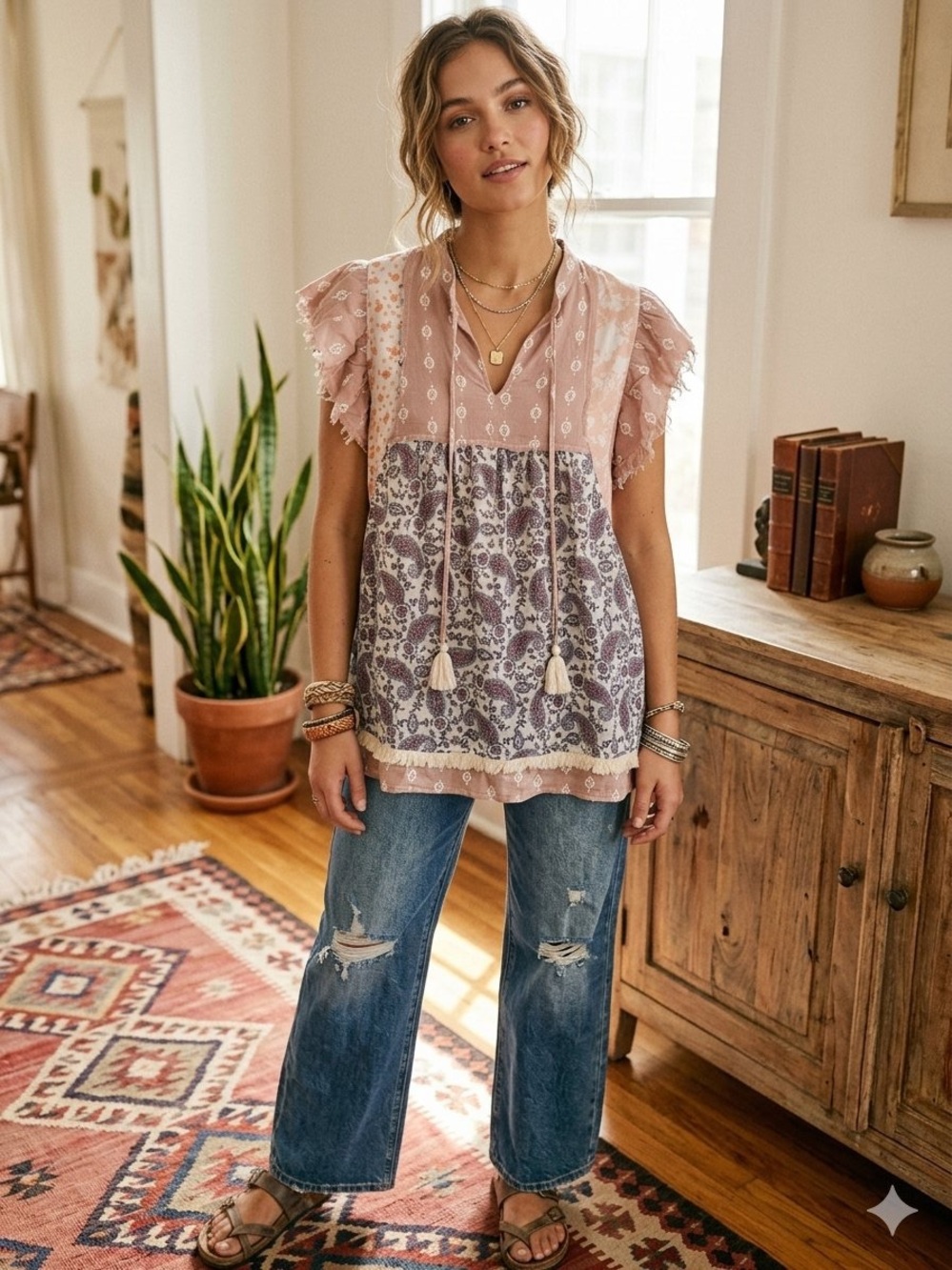 Boho Pink Paisley Patchwork Split-Panel Peasant Top**see last photo for pinhole